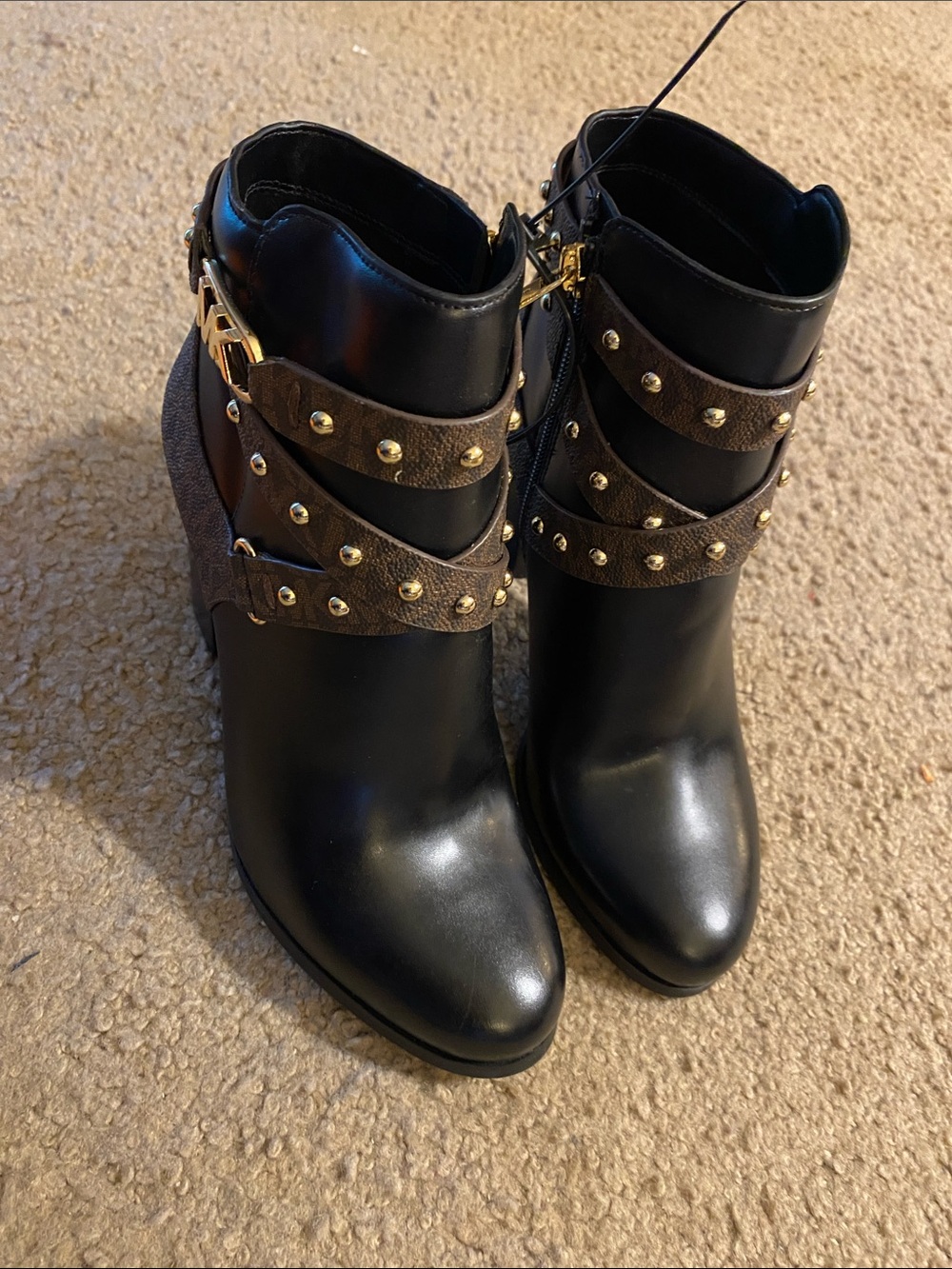 MICHAEL Michael Kors Black Ankle Booties with Brown Studded Wrap Straps